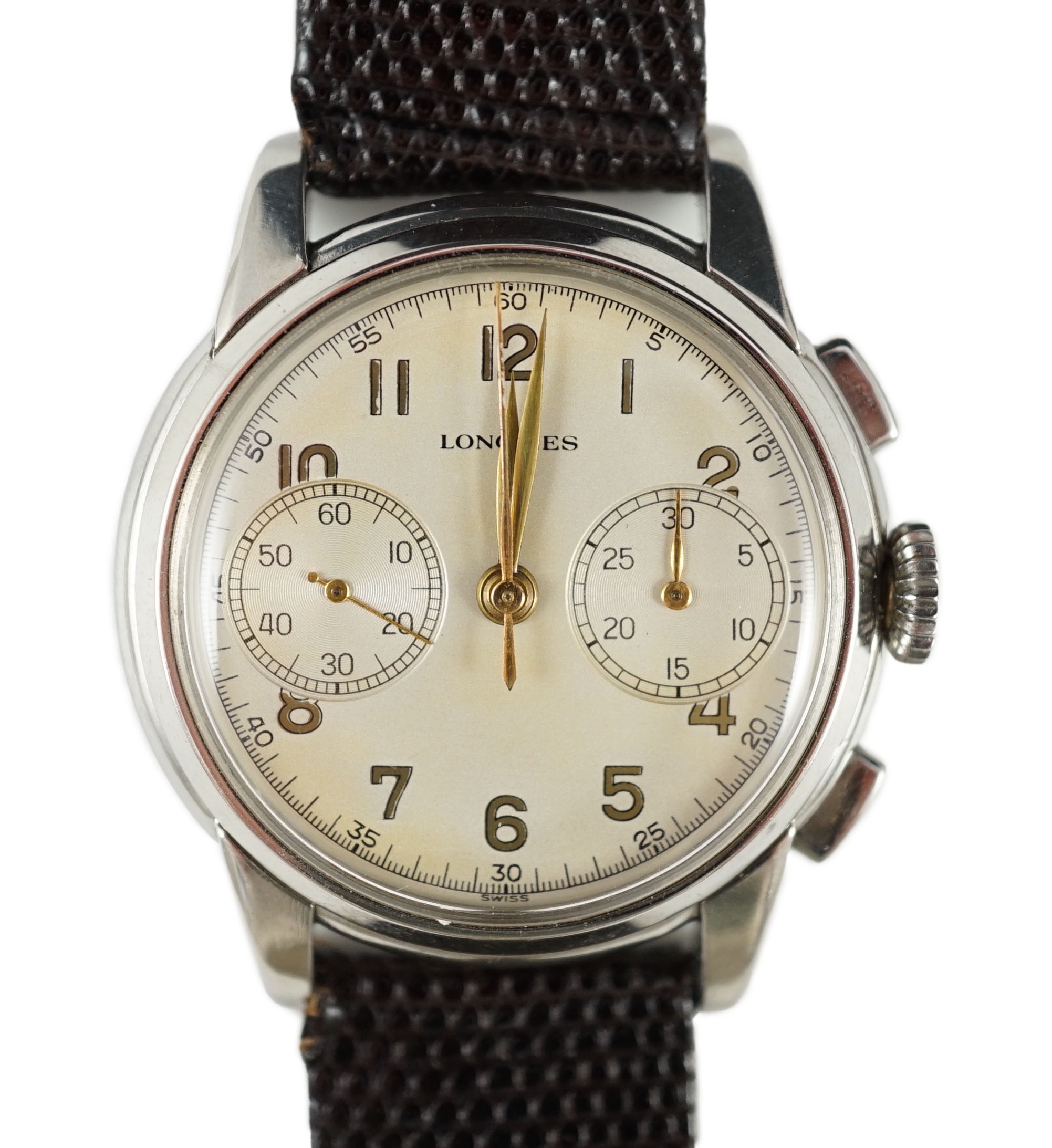 A gentleman's very rare early 1950's stainless steel Longines 30CH Flyback chronograph manual wind wrist watch, ref. 5965, serial number 7,748,805